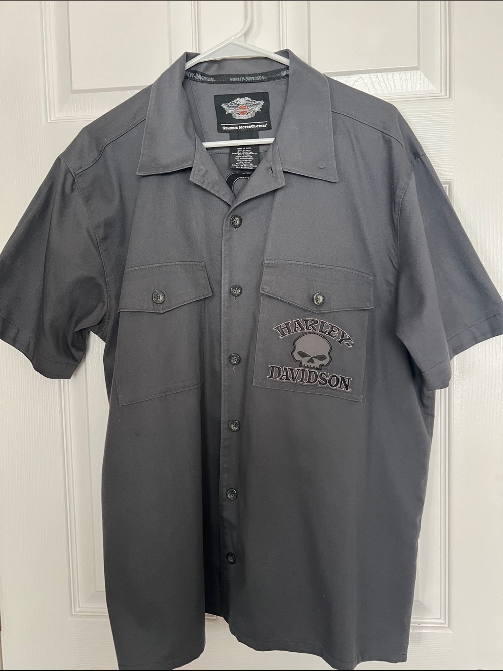 Harley-Davidson Charcoal Short-Sleeve Button Front Shirt with Skull Patch